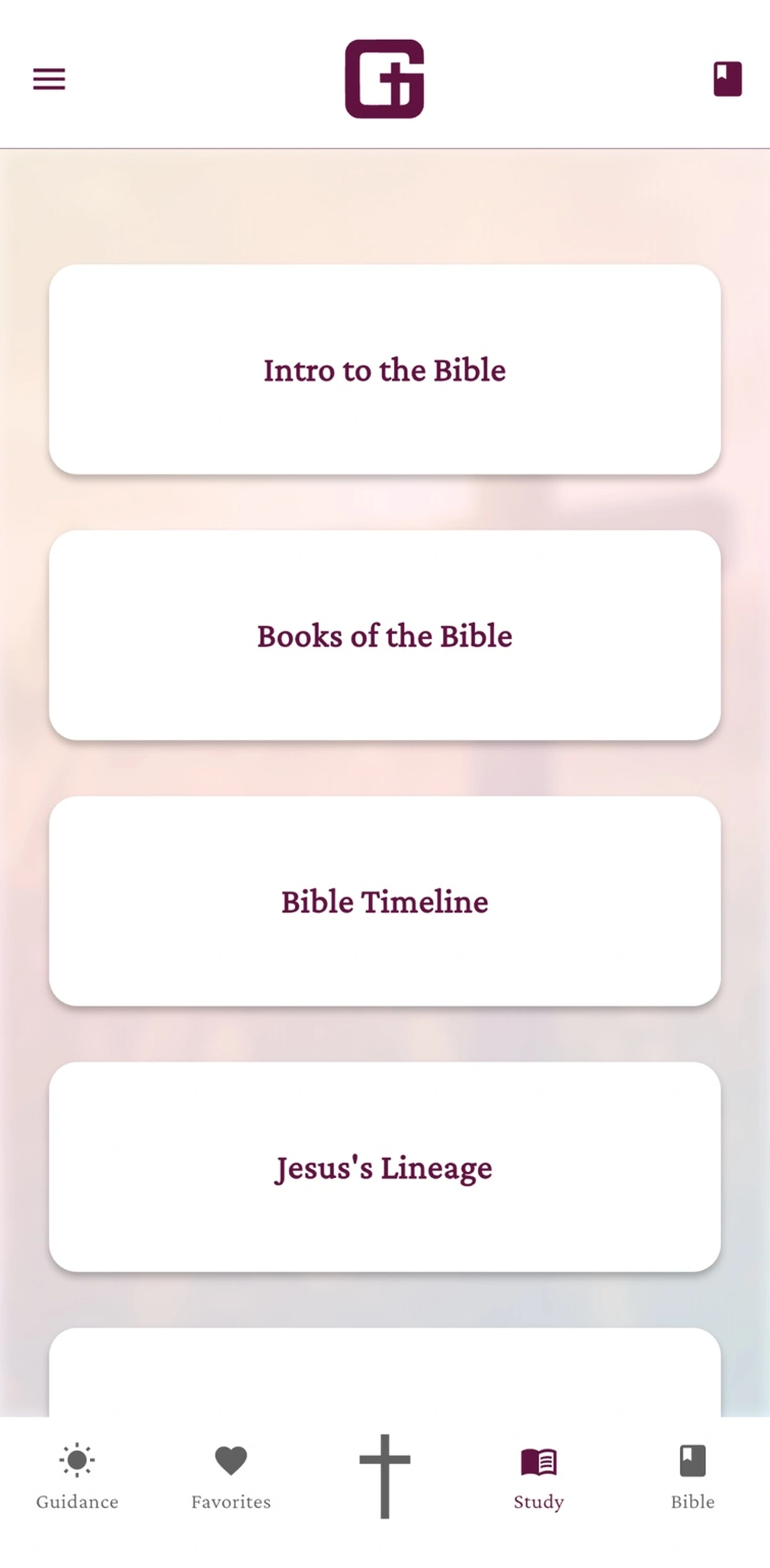 Studies screen showing introductory Bible content